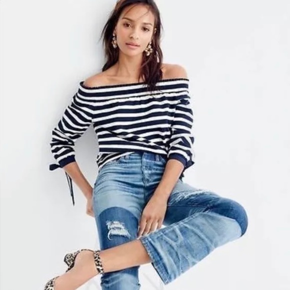 JCrew off the shoulder pinstripes shirt with half sleeves - Picture 1 of 11